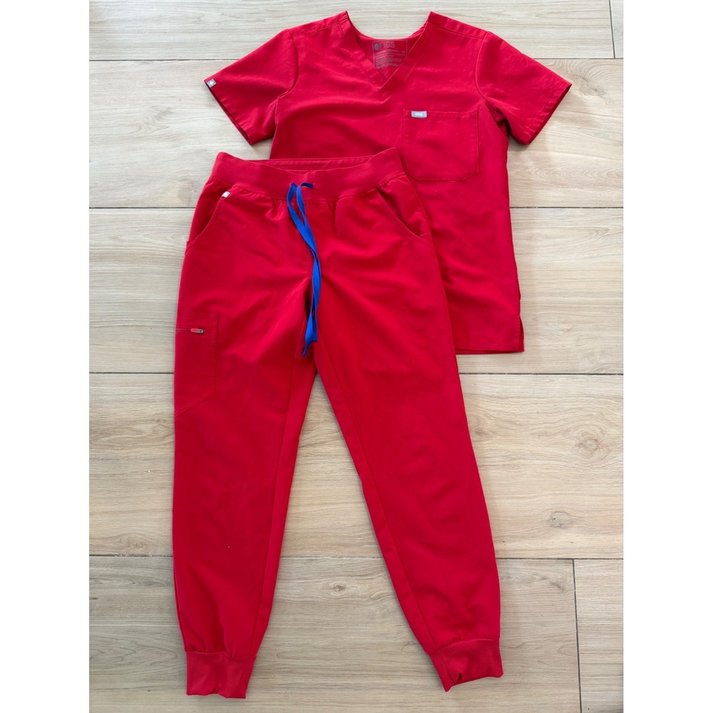 Figs Technical Collection Red Scrub Set Womens XS V-Neck Top Jogger Pants